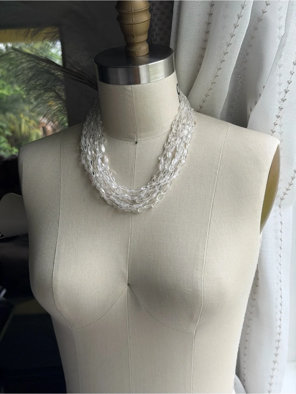 Rock Crytal Semi-Precious Clear Beads Multi-Strand Necklace 925 Sterling Silver